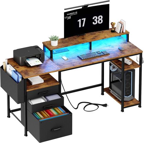 Lufeiya Gaming Desks with Led Lights and Power Outlets, 55 Inch Study Writing Computer Desk with Fabric File Drawers Cabinet for Bedroom, Home Office Desk with Shelves Monitor Stand, Rustic Brown in Kuwait