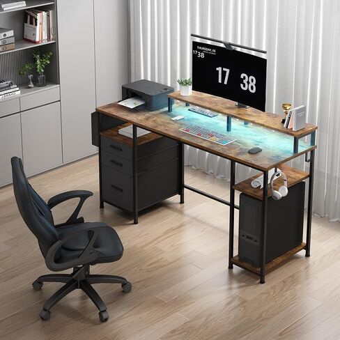 Lufeiya Gaming Desks with Led Lights and Power Outlets, 55 Inch Study Writing Computer Desk with Fabric File Drawers Cabinet for Bedroom, Home Office Desk with Shelves Monitor Stand, Rustic Brown in Kuwait