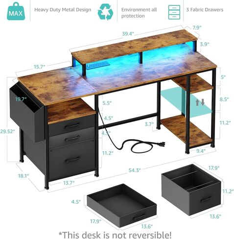 Lufeiya Gaming Desks with Led Lights and Power Outlets, 55 Inch Study Writing Computer Desk with Fabric File Drawers Cabinet for Bedroom, Home Office Desk with Shelves Monitor Stand, Rustic Brown in Kuwait