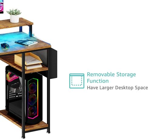 Lufeiya Gaming Desks with Led Lights and Power Outlets, 55 Inch Study Writing Computer Desk with Fabric File Drawers Cabinet for Bedroom, Home Office Desk with Shelves Monitor Stand, Rustic Brown in Kuwait
