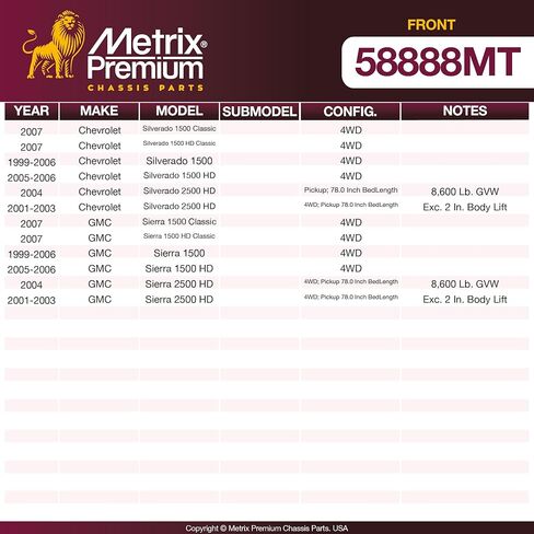 أجزاء الهيكل الفاخرة من Metrix - حامل قضيب التواء الأمامي يناسب 99-06 شيفروليه سيلفرادو 1500، جي إم سي سييرا 1500، 07 شيفروليه سيلفرادو 1500 كلاسيك، 05-06 سيلفرادو 1500 HD، سيلفرادو 1500 HD Classic in Kuwait