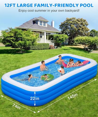 Extra Large Inflatable Swimming Pool - 145" X 74" X 22" Oversized Thickened Blow Up Pool for Kids and Adult, Kiddie Pool for Backyard, Easy Setup & Portable in Kuwait
