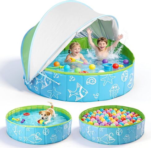 47.3"‌ Foldable Kiddie Pool with Canopy, Hard Plastic Pool Suitable for Toddler and Baby, Designed for Use in Backyard, Beach, Park, Blue and Green(No Sprayer) in Kuwait