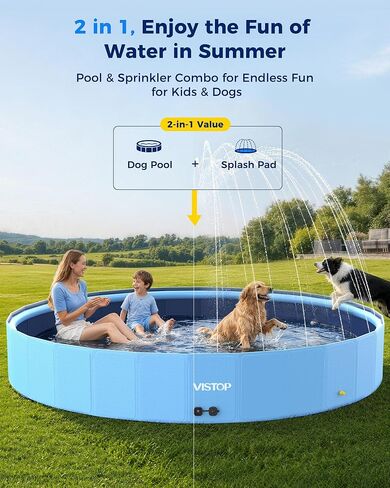 VISTOP 117" Extra Large Dog Pool with Sprinkler, Heavy Duty Foldable Hard Plastic Kiddie Pool, Non-Slip Collapsible Swimming Pool for Dogs, Kids & Pets, Portable Outdoor Backyard Water Play Tub in Kuwait
