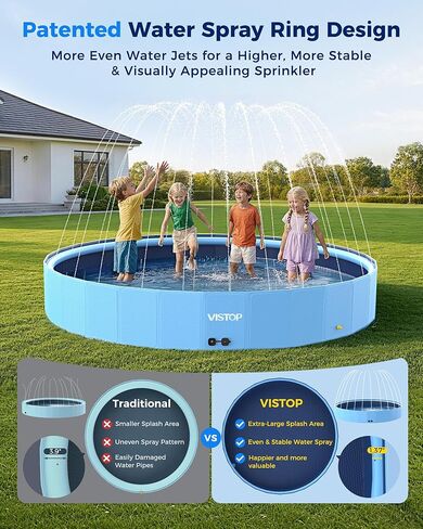 VISTOP 117" Extra Large Dog Pool with Sprinkler, Heavy Duty Foldable Hard Plastic Kiddie Pool, Non-Slip Collapsible Swimming Pool for Dogs, Kids & Pets, Portable Outdoor Backyard Water Play Tub in Kuwait
