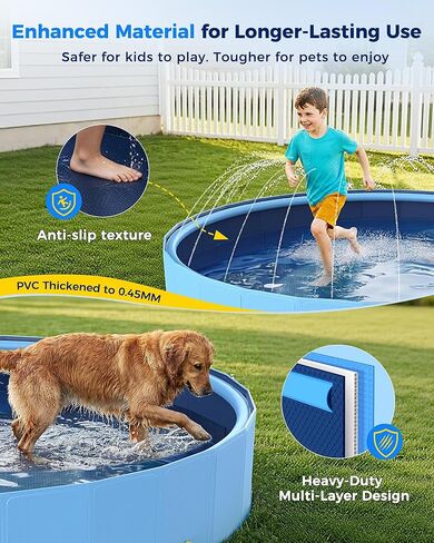 VISTOP 117" Extra Large Dog Pool with Sprinkler, Heavy Duty Foldable Hard Plastic Kiddie Pool, Non-Slip Collapsible Swimming Pool for Dogs, Kids & Pets, Portable Outdoor Backyard Water Play Tub in Kuwait