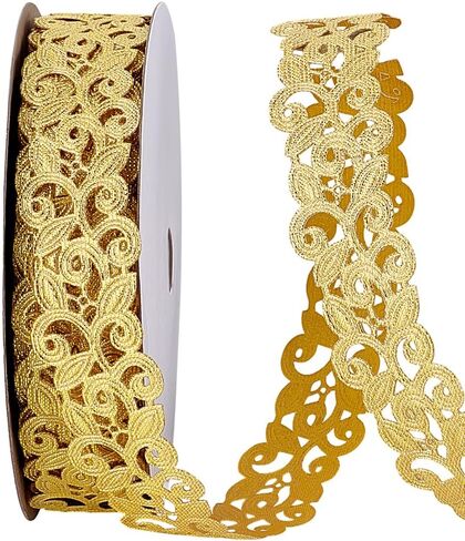 PH PandaHall 20 Yards 1" Gold Lace Trim for Sewing Embroidery Jacquard Trims Floral Lace Trims Ribbon Polyester Applique Sewing Embellishments Gold Trim for Sewing Costumes Gowns Hat Decoration in Kuwait