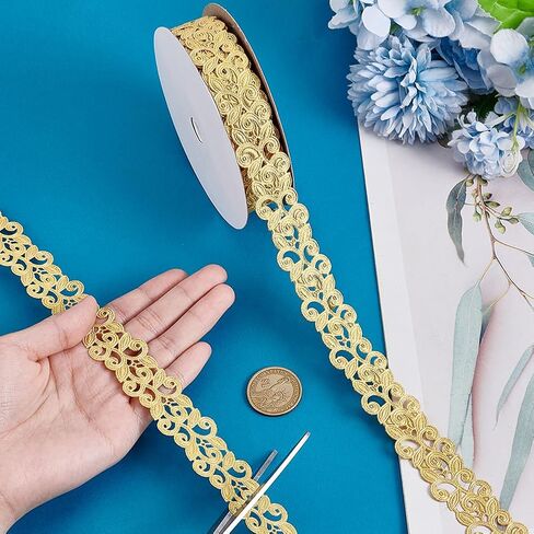 PH PandaHall 20 Yards 1" Gold Lace Trim for Sewing Embroidery Jacquard Trims Floral Lace Trims Ribbon Polyester Applique Sewing Embellishments Gold Trim for Sewing Costumes Gowns Hat Decoration in Kuwait