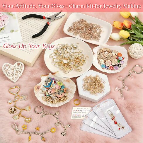 Lemosyu 563Pcs Lip Gloss Keychain Making Kit,DIY Craft Bag Charm Kit with Charms,Key Chains,Key Chain Hooks,Jump Rings,Lobster Claw Clasps,Gift Bags&Tools,Jewelry Making Supplies for Valentines Gifts in Kuwait