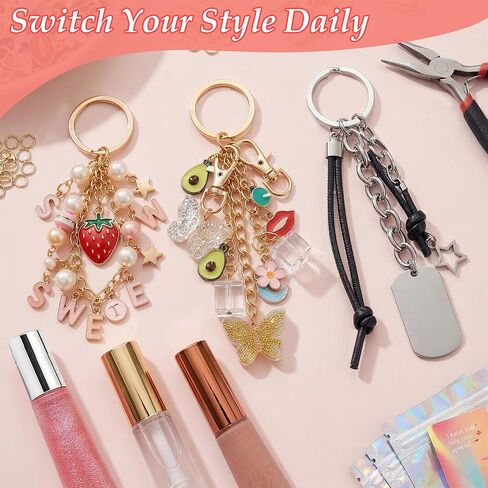 Lemosyu 563Pcs Lip Gloss Keychain Making Kit,DIY Craft Bag Charm Kit with Charms,Key Chains,Key Chain Hooks,Jump Rings,Lobster Claw Clasps,Gift Bags&Tools,Jewelry Making Supplies for Valentines Gifts in Kuwait