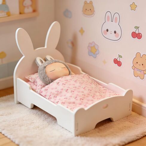 Miniature Bed Set for Labubu Doll, with Mattress Pillow Blanket Heart Cherry Patterns, Dollhouse Accessories Furniture Fits All Dolls Under 26CM/10Inch in Kuwait