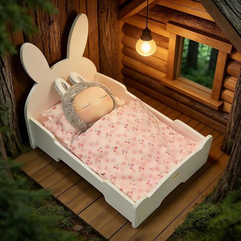 Miniature Bed Set for Labubu Doll, with Mattress Pillow Blanket Heart Cherry Patterns, Dollhouse Accessories Furniture Fits All Dolls Under 26CM/10Inch in Kuwait