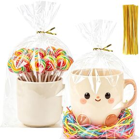 ZYLOP 50pcs Clear Cellophane Treat Bags - 6 x 10 Inches Cello Gift Bags with 60 Gold Twist Ties - Food Grade Plastic Packaging Bags for Cookies, Candy, Popcorn, Favors, Bakery & DIY Small Crafts in Kuwait