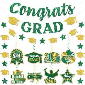 Green and Gold Graduation Decorations 2024, Graduation Decorations 2024 Green and Gold includes Congrats Grad Banner Garland and Graduation Decor Hanging Swirls, Hunter Green Graduation Decorations in Saudi Arabia