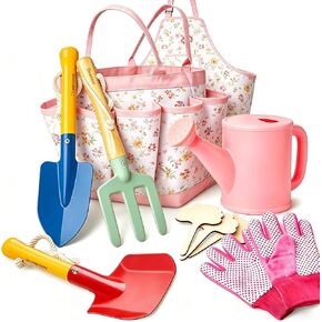 Kids Gardening Tools Set Toddler Gardening Kit with Apron & Tote Bag, Shovel, Fork, Trowel and Gloves, Outdoor Gardening Toys Easter Gifts for Children Ages 3-10 in Kuwait