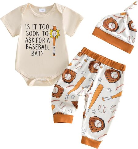 Toddler Baby Boy Baseball Outfit Funny Letter Short/Long Sleeve Bodysuit Romper+Long Pants+Hat Coming Home Clothes in Saudi Arabia
