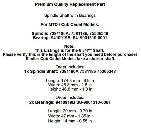 استبدال عمود المغزل MTD مع المحمل يناسب 7381186A 7381186 75306348 738-1186 OEM in Kuwait