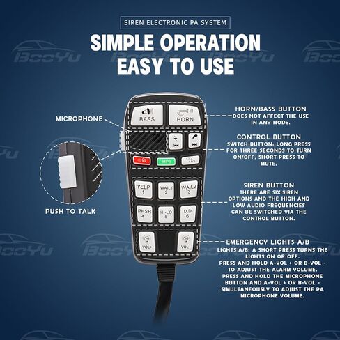 BooYu 12V 200W 37 Tones Police Warning Emergency Siren PA System for Firefighter Ambulance Vehicles Truck Car SUV ATV UTV [180° Design Speaker][135dB][Handheld Microphone][Hands-Free][2x10A Switches] in Saudi Arabia