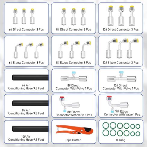 27PCS 9.8ft Air Conditioning Hose and Fitting Kit Includes 9.8ft #6#8#10 AC Hoses and AC Fittings with pipe cutter and O-Ring, Compatible with Automotive Air Conditioning Systems R134a Universal in Kuwait