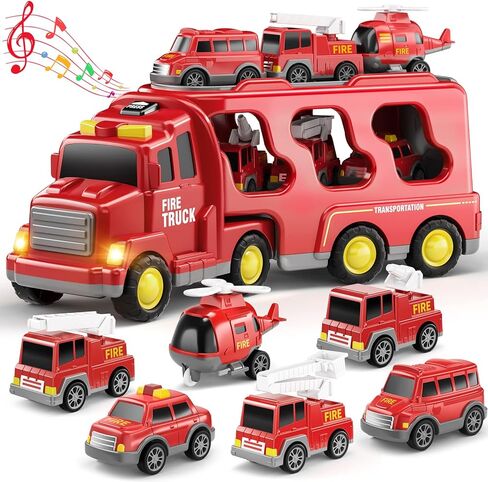 Fire Truck Toys for Toddler 1-3 3-5, 5-in-1 Fire Car Carrier Vehicle Set for Girls 1 2 3 4 5 6 Years Old, Transport Car with Light Sound, Birthdays Gifts for Kids Girls Aged 3-9 in Kuwait