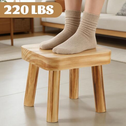 8 Inch Wooden Step Stool, Small Step Stool for Adults with Detachable Legs, Pine Wood Stool with Non-Slip Foot Pads, One Step Stool for Kitchen Bathroom Bedroom & Bedside 220 lbs in Kuwait