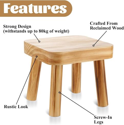 8 Inch Wooden Step Stool, Small Step Stool for Adults with Detachable Legs, Pine Wood Stool with Non-Slip Foot Pads, One Step Stool for Kitchen Bathroom Bedroom & Bedside 220 lbs in Kuwait