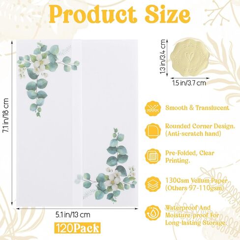 120 Pack Vellum Jackets for 5x7 Invitations with Gold Stickers Pre-Folded Vellum Paper 5x7, 130GSM Translucent Wedding Invitations Wraps for Wedding, Birthday Invitation (Wildflower Pattern) in Kuwait