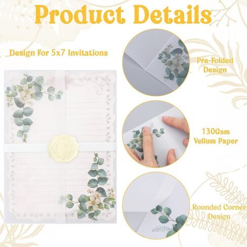 120 Pack Vellum Jackets for 5x7 Invitations with Gold Stickers Pre-Folded Vellum Paper 5x7, 130GSM Translucent Wedding Invitations Wraps for Wedding, Birthday Invitation (Wildflower Pattern) in Kuwait