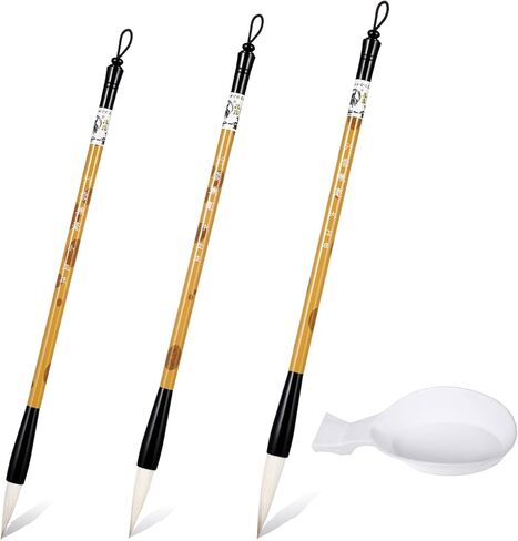 3 Sizes Chinese Calligraphy Brush Set, Traditional Chinese Writing Brushes Sumi Painting Brushes with Ink Dish Large Medium Small Bamboo Art Brush in Kuwait