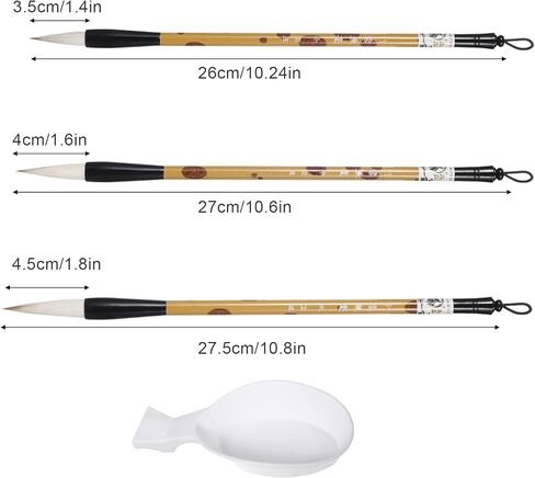 3 Sizes Chinese Calligraphy Brush Set, Traditional Chinese Writing Brushes Sumi Painting Brushes with Ink Dish Large Medium Small Bamboo Art Brush in Kuwait
