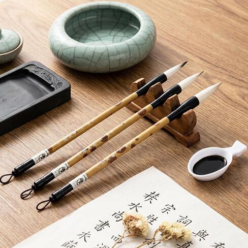 3 Sizes Chinese Calligraphy Brush Set, Traditional Chinese Writing Brushes Sumi Painting Brushes with Ink Dish Large Medium Small Bamboo Art Brush in Kuwait