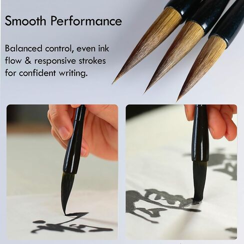 Stone&Ink Calligraphy Brush for Beginners 3pcs set, Student Brush set, Wolf Hair Brush for Chinese Calligraphy Japanese shodo Kanji, Sumi-e Drawing Watercolor Brush in Kuwait