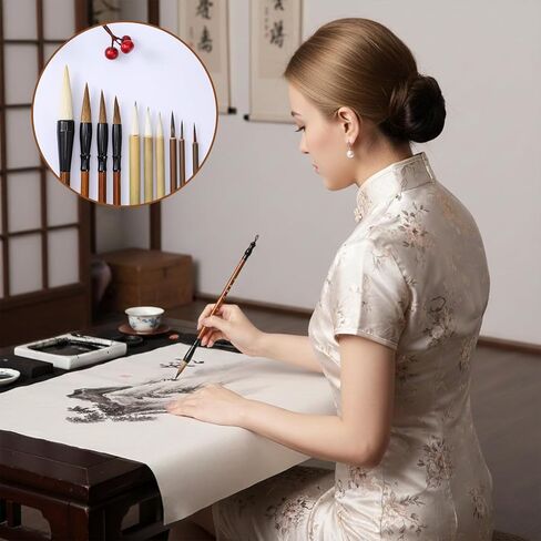 10 Pcs Chinese Calligraphy Brush, Sumi Brushes Set Premium Writing Watercolor Brushes for Beginners & Artists with Roll-up Bamboo Brush Holder, Painting Set Flower Bird Line-Drawing in Kuwait