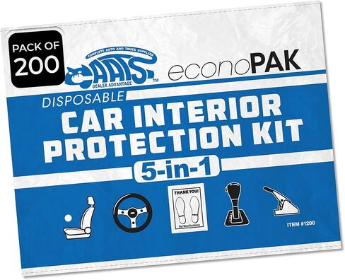 5-in-1 Car Interior Protection Kit for Service Departments, Detail Shops, Body Shops - Includes Seat Cover, Steering Wheel Cover, Emergency Brake Cover, Gear Stick Cover, and Floor Mat - Pack of 100 in Kuwait