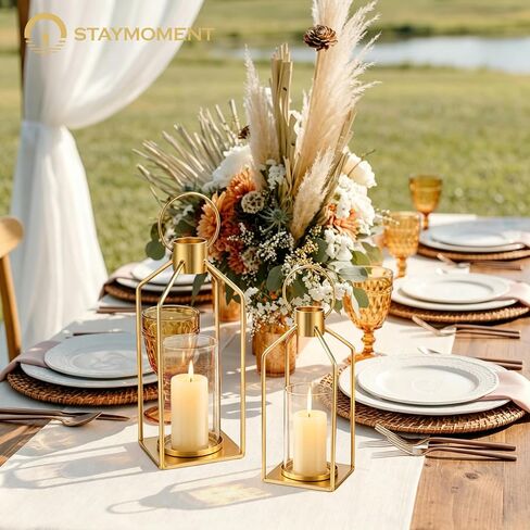 Staymoment Metal Lanterns Decorative Set of 2 - Rustic Farmhouse Iron Candle Holder for Table Centerpiece Fireplace Mantles, 13" & 11" Hanging Lantern Home Decor No Glass for Indoor Outdoor, Gold in Saudi Arabia