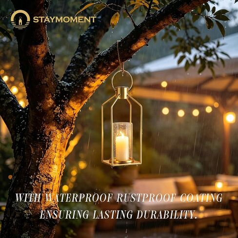 Staymoment Metal Lanterns Decorative Set of 2 - Rustic Farmhouse Iron Candle Holder for Table Centerpiece Fireplace Mantles, 13" & 11" Hanging Lantern Home Decor No Glass for Indoor Outdoor, Gold in Saudi Arabia
