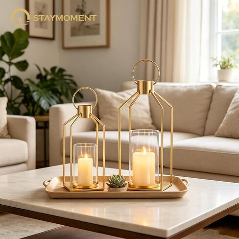 Staymoment Metal Lanterns Decorative Set of 2 - Rustic Farmhouse Iron Candle Holder for Table Centerpiece Fireplace Mantles, 13" & 11" Hanging Lantern Home Decor No Glass for Indoor Outdoor, Gold in Saudi Arabia