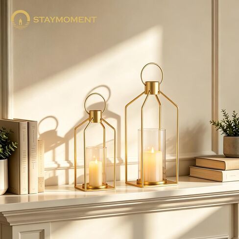 Staymoment Metal Lanterns Decorative Set of 2 - Rustic Farmhouse Iron Candle Holder for Table Centerpiece Fireplace Mantles, 13" & 11" Hanging Lantern Home Decor No Glass for Indoor Outdoor, Gold in Saudi Arabia