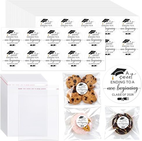 Motipuns 200 مجموعة 2026 أكياس بسكويت التخرج مع ملصق ختم هدايا حفلات التخرج السائبة للضيوف، أكياس هدايا علاج السيلوفان الشفافة، نهاية جميلة لبداية جديدة لحفلة الاحتفال بالتهاني in Kuwait
