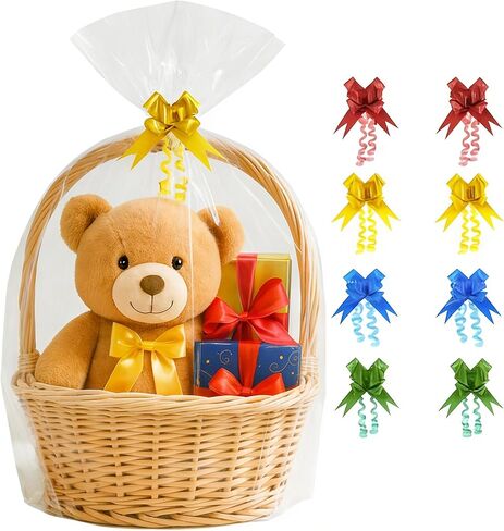 Volokitx 7-Pack 40x50 Inch Clear Cellophane Bags with 8 Colorful Pull Bows,Extra Large Cellophane Wrap for Gift Baskets, Baby Showers, Raffles, and Charity Auctions in Kuwait