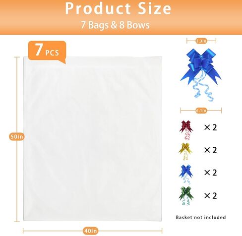 Volokitx 7-Pack 40x50 Inch Clear Cellophane Bags with 8 Colorful Pull Bows,Extra Large Cellophane Wrap for Gift Baskets, Baby Showers, Raffles, and Charity Auctions in Kuwait