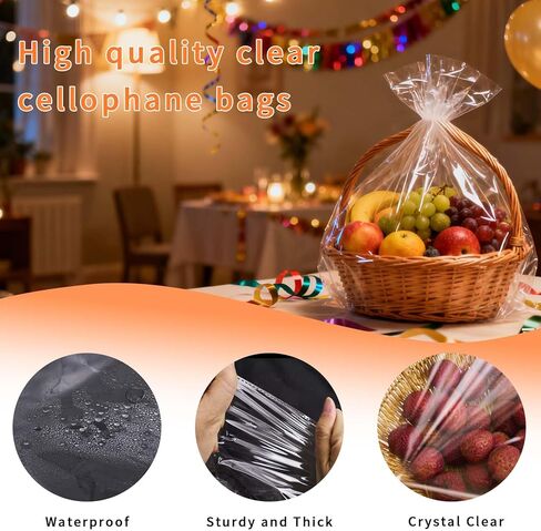 Volokitx 7-Pack 40x50 Inch Clear Cellophane Bags with 8 Colorful Pull Bows,Extra Large Cellophane Wrap for Gift Baskets, Baby Showers, Raffles, and Charity Auctions in Kuwait