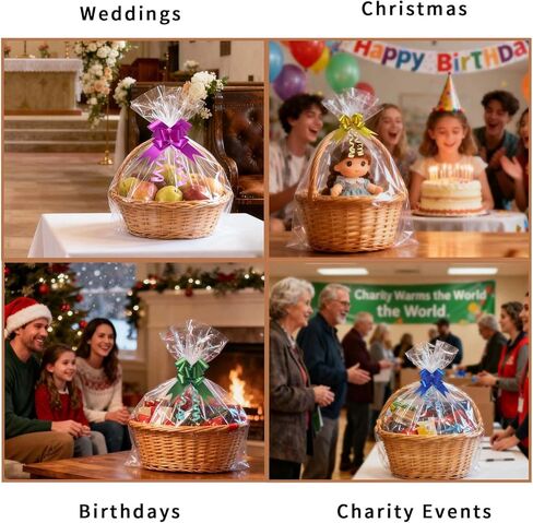Volokitx 7-Pack 40x50 Inch Clear Cellophane Bags with 8 Colorful Pull Bows,Extra Large Cellophane Wrap for Gift Baskets, Baby Showers, Raffles, and Charity Auctions in Kuwait