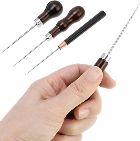 QWORK 6 PCS Leather Scratch Awl Tool, Stainless Steel Scratch Awl Tool Pin Punching with Gourd-Shaped Wooden Handles, Leather Crafting Sewing Tools in Kuwait