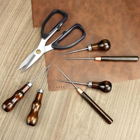 QWORK 6 PCS Leather Scratch Awl Tool, Stainless Steel Scratch Awl Tool Pin Punching with Gourd-Shaped Wooden Handles, Leather Crafting Sewing Tools in Kuwait