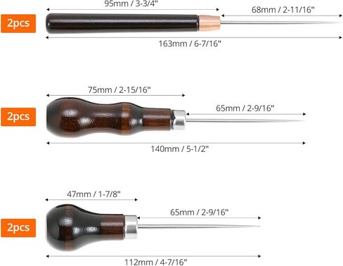 QWORK 6 PCS Leather Scratch Awl Tool, Stainless Steel Scratch Awl Tool Pin Punching with Gourd-Shaped Wooden Handles, Leather Crafting Sewing Tools in Kuwait