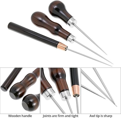 QWORK 6 PCS Leather Scratch Awl Tool, Stainless Steel Scratch Awl Tool Pin Punching with Gourd-Shaped Wooden Handles, Leather Crafting Sewing Tools in Kuwait