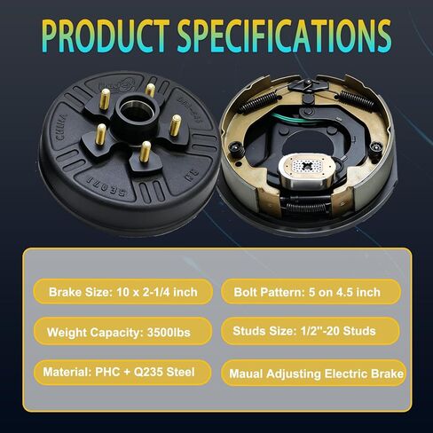 3,500lbs Trailer Axle Electric Brake Kit, 5-Hole, 4.5" Bolt Circle Brake Drum with 10" x 2 1/4" Left and Right Electric Brakes, 4-Hole Mounting, Replacement 10" Brake Hub Drum Assembly, 1/2''-20 Studs in Kuwait