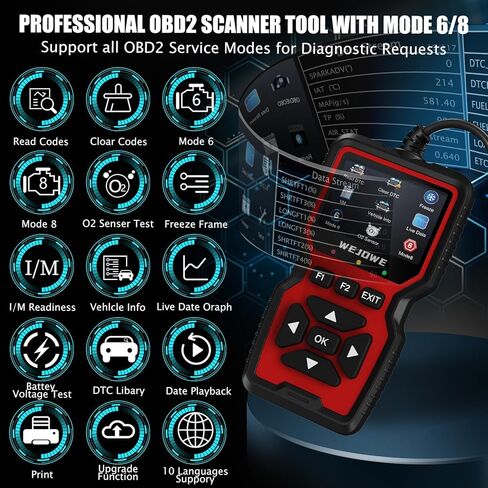 أداة تشخيص الماسح الضوئي Obd2 من WEJOWE، فحص قارئ رمز المحرك obd2 مع إعادة الضبط، وضع فحص ضوء المحرك التلقائي 6، الوضع 8 & I/M أداة المسح التشخيصي للسيارة لجميع سيارات obdii in Kuwait