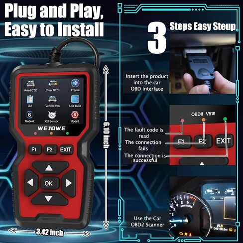 أداة تشخيص الماسح الضوئي Obd2 من WEJOWE، فحص قارئ رمز المحرك obd2 مع إعادة الضبط، وضع فحص ضوء المحرك التلقائي 6، الوضع 8 & I/M أداة المسح التشخيصي للسيارة لجميع سيارات obdii in Kuwait